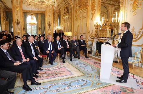 (法国总统埃马纽埃尔·马克龙在巴黎爱丽舍宫会见与会政府和企业代表