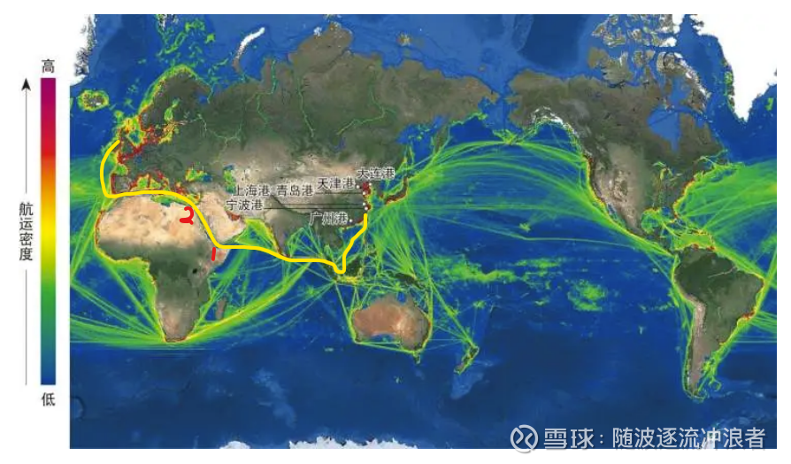 往東是遠東地區到美國東西海岸的跨太平洋航線,到美西海岸需要穿越巴