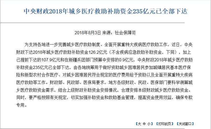 财政部:2018年城乡医疗救助补助金235亿元已