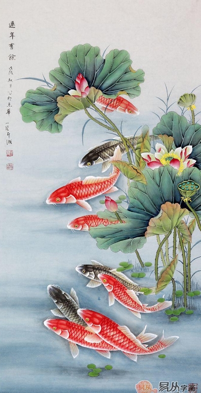 九有长长久久,经久不衰的意思,九条鲤鱼在水里游来游去还有"如鱼得水"